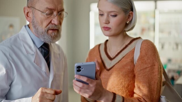 Pharmacy client displaying smartphone doctor requesting medicine indoors closeup