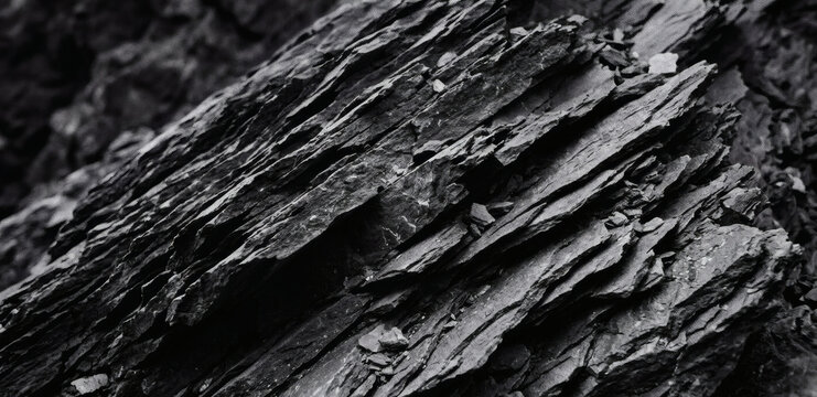 Close up of jagged layered rock formation in black and white