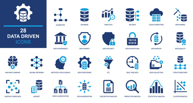 Data driven icon set. analytics, technology, business, system, intelligence. solid style icon collection.