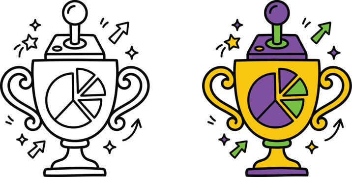 A professional vector illustration of a gold trophy cup combined with a gaming joystick and a pie chart icon representing gamification of business data and achievement of performance goals