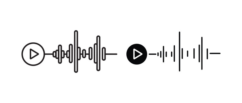 Two audio wave icons with play button on transparent background