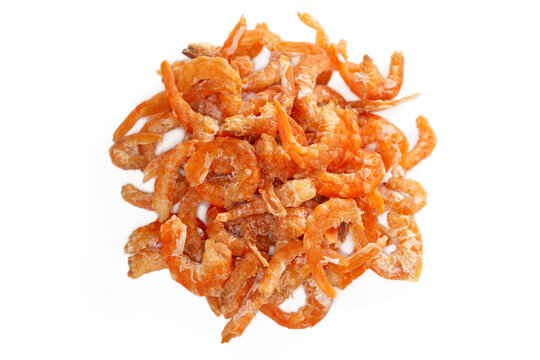 Small dried shrimp, close-up view, on a white background.