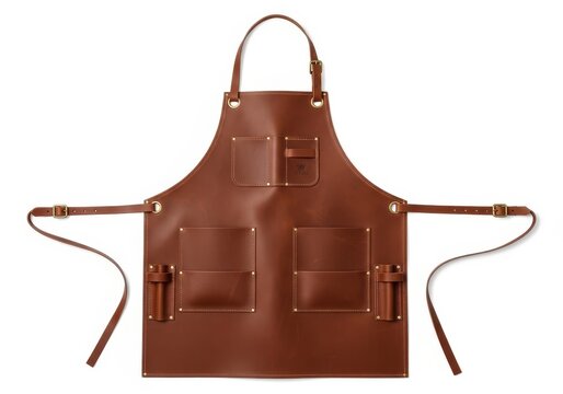 Brown leather apron with tools hanging on straps