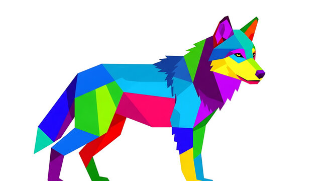 Colorful geometric wolf illustration, low poly style animal design