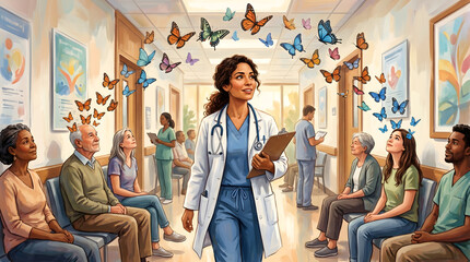 Naklejka premium Latina therapist leads patients through mental transformation with butterflies