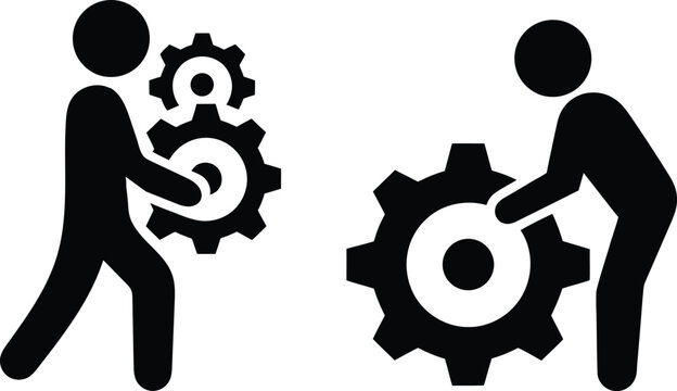 Two people working together on interlocking gears icon