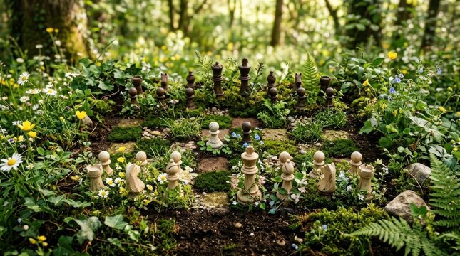 A miniature chess set is arranged in a mossy clearing surrounded by wildflowers and lush greenery. The chess pieces, crafted from wood, are placed 