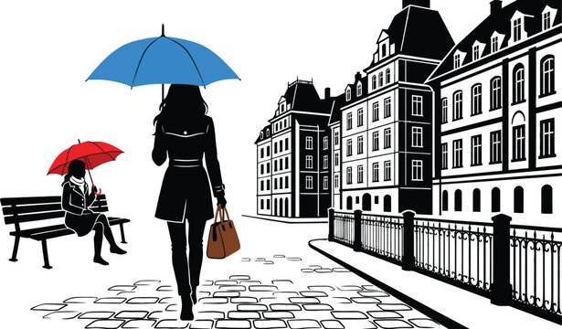 Woman walking with blue umbrella on city street