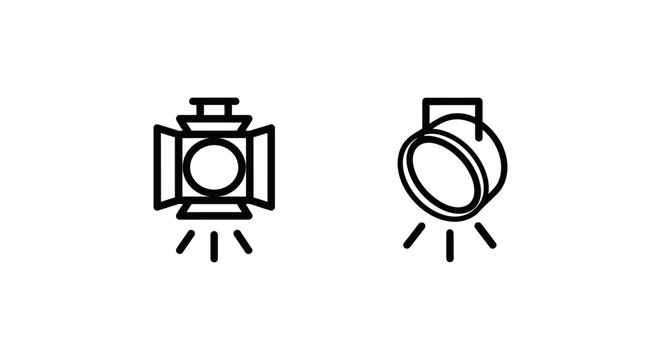 Professional studio lighting equipment icons featuring fresnel and spotlight fixtures for photography and production lighting photography spotlight equipment production illumination broadcast
