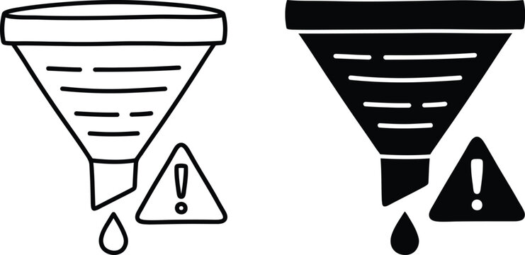Minimalist data filter funnel illustration with a warning sign and liquid drop representing an information leak or a critical stage in a sales pipeline conversion process.