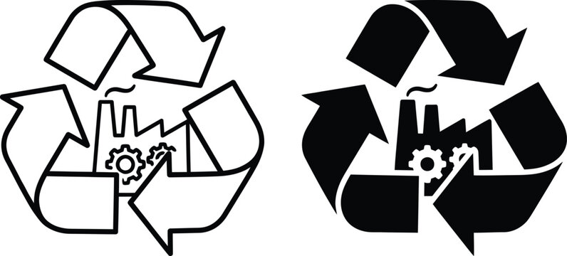 Industrial recycling icons featuring a factory building silhouette with mechanical gears inside a classic mobius loop symbol representing sustainable manufacturing and circular economy.
