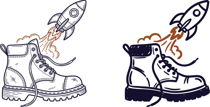 Creative graphic of a heavy duty work boot with a rocket ship launching from the top symbolizing a career boost rapid progress and startup success in professional industries.