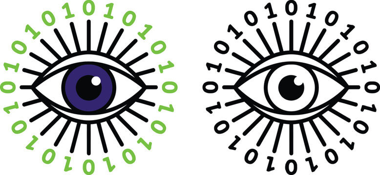 Digital eye icon surrounded by binary code patterns representing cyber security surveillance data monitoring artificial intelligence and modern internet privacy technology.