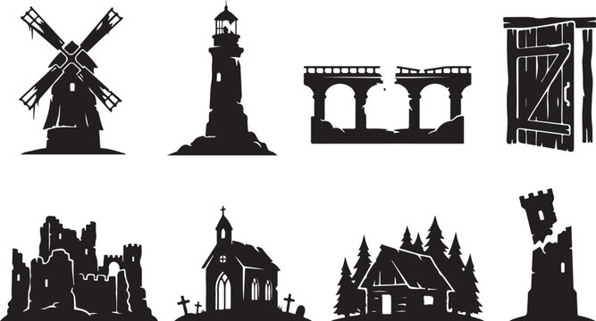 Black silhouette icons, rural landscape symbols, 8 countryside landmarks, vector graphics