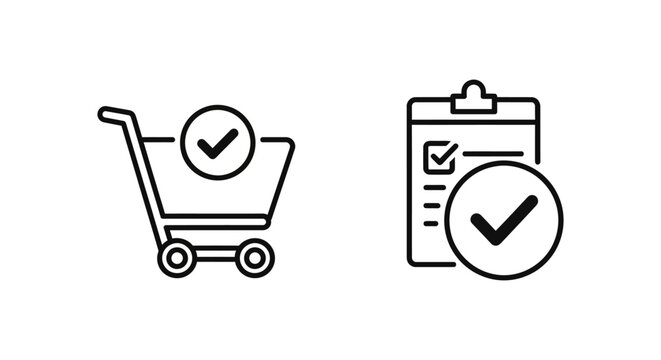 Order complete and processing document icons set with complete shopping document checkbox checklist finished processing purchase delivery commerce business verified illustration workflow