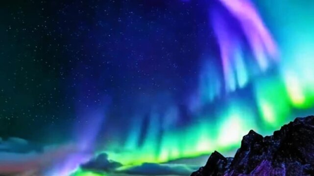 Dynamic multi-colored aurora borealis with intense blue, green, and violet hues. Rapidly changing polar lights create a spectacular crown effect over rugged mountain silhouettes.