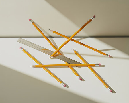 Pencils and Ruler Intersecting with Dramatic Shadows on a White Surface stationery education