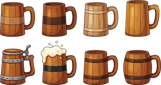 Set of Traditional Wooden Beer Mugs and Steins with Realistic Wood Grain Textures and Foam Details for Tavern Menus, Medieval Game Assets, and Oktoberfest Themed Graphic Designs