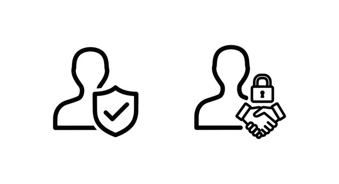 Trusted user and verified account security icons with security verified handshake protection agreement partnership confirmation authentication identity connection reliability integrity