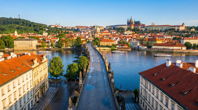 Charles Bridge in Prague at sunrise with Prague Castle in the background.