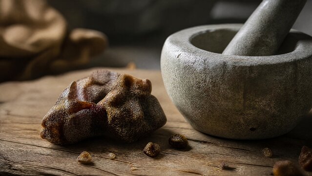 myrrh. Dark brown myrrh resin on a rustic wooden surface next to a small stone mortar. event programs, museum guides, designed for cultural heritage projects and event programs, preserves heritage.