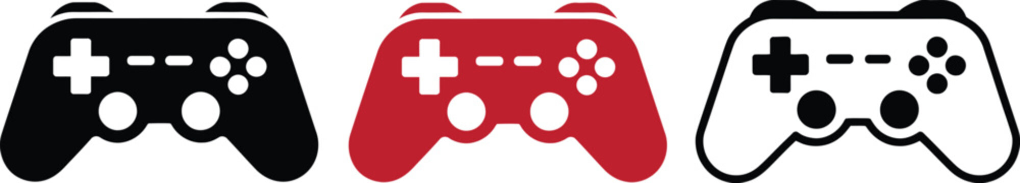 Three stylized game controllers in black and red color scheme
