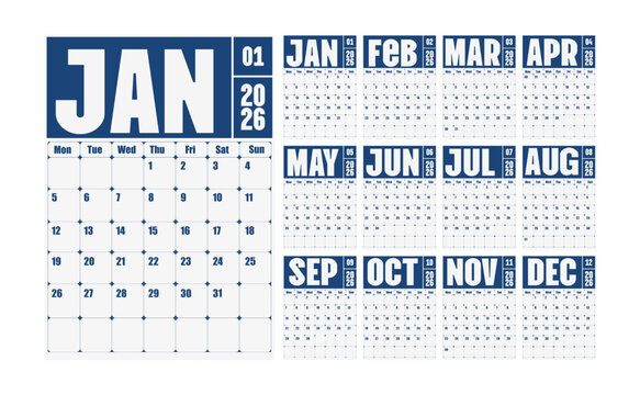 Professional 2026 annual calendar in classic navy blue and white, featuring bold condensed month headings and structured weekly grids, ideal for corporate print planners and business stationery