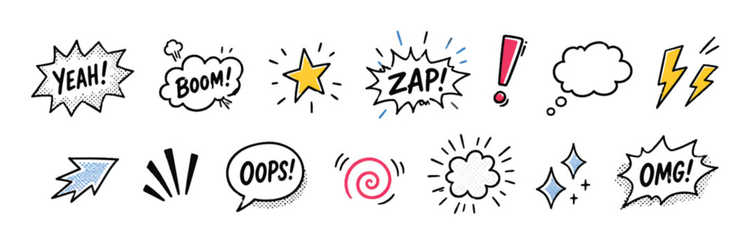 Hand Drawn Comic Sound Effects and Doodle Symbols Collection