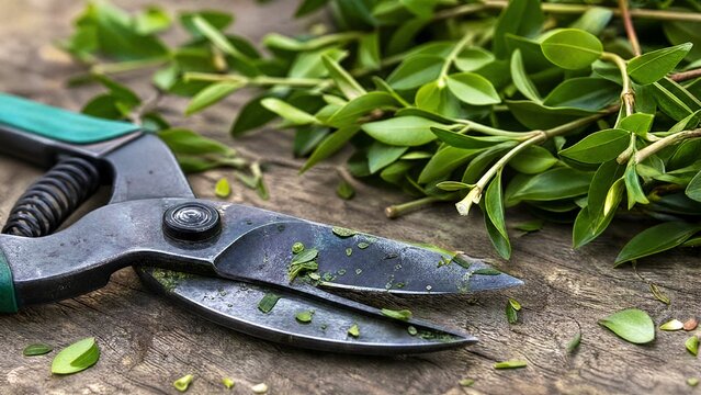 privet. Garden shears with fresh leaf fragments beside cut privet branches. gardening catalogs, home-decor guides, designed for home decor and floral branding and gardening and botanical catalogs.