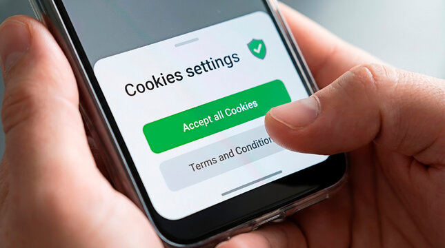 Digital privacy concept represented by a person interacting with cookie settings on a mobile device.