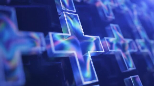 Abstract futuristic plus signs background loop animation, modern holographic shapes on blue surface, seamless corporate presentation