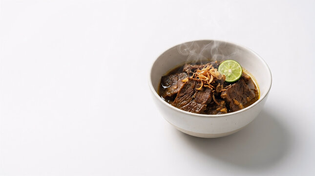 Steaming bowl of traditional Indonesian beef stew (Rawon) garnished with lime and fried shallots on a clean white background.