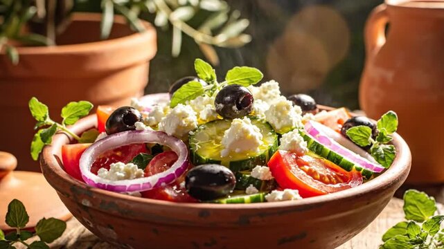 Close-up of a vibrant Greek salad with fresh ingredients in an earthenware bowl, with appetizing steam