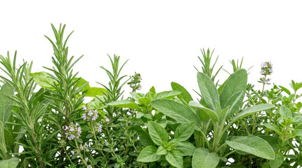 Obraz premium Assorted green herbs and plants with small purple flowers on transparent background transparent background