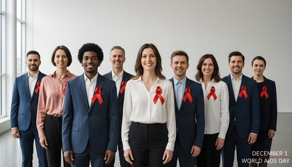 Fototapeta premium Diverse group of people wearing red ribbons standing together in a bright office for World AIDS Day and healthcare awareness concept representing support and unity