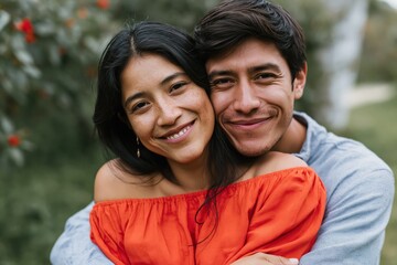 Fototapeta premium Happy couple close portrait smiling together outdoors in orange top for romantic relationship portrait and banner