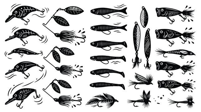 Collection of various fishing lures on a white background in a flat lay composition with black and white colors.