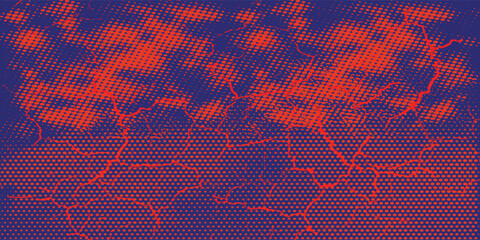 Abstract halftone pattern with red and blue graffiti splashes and drips on dark background, representing modern street art and pop art concept. Vector illustration © Irsyad