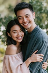 Naklejka premium Smiling couple portrait embracing outdoors in natural light for relationship lifestyle portrait and social media background