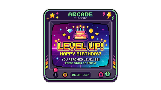 Retro arcade game level up birthday pixel art element, isolated asset sheet with crisp outlines for vintage celebration design
