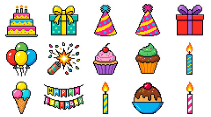 Naklejka premium Pixel art game elements for birthday celebration, vibrant icons for party and fun events