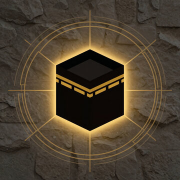 Abstract 3D illustration of the Holy Kaaba with golden glowing aura on a stone wall background