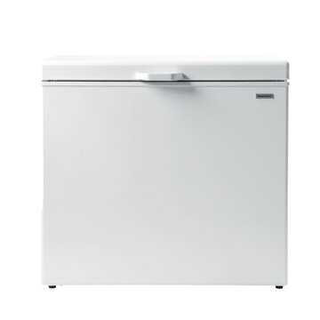A white chest freezer on a white background