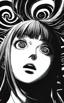young woman looks up with hypnotized expression