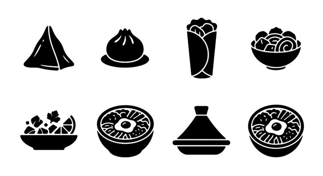 Diverse Food Icons Set: Samosa, Dumpling, Kebab, Noodles, Salad, Bowl, Tagine, Stew - Vector Graphics for Culinary Design