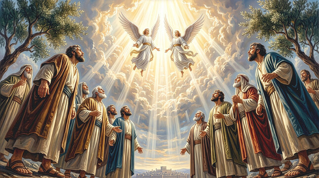 Classic oil painting of two angels appearing to apostles after the Ascension of Jesus. Biblical illustration of Acts 1 with divine light rays and disciples looking up in awe from olive trees.