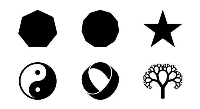 Geometric Shapes and Symbols Collection: Octagon, Decagon, Star, Yin Yang, Mobius Strip, Fractal Tree, Vector Icons for Design