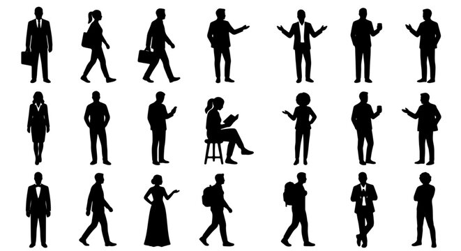 Diverse Business People Silhouettes Collection, Professional Men and Women Poses, Casual and Formal Attire, Vector Icons for Presentations and Web Design