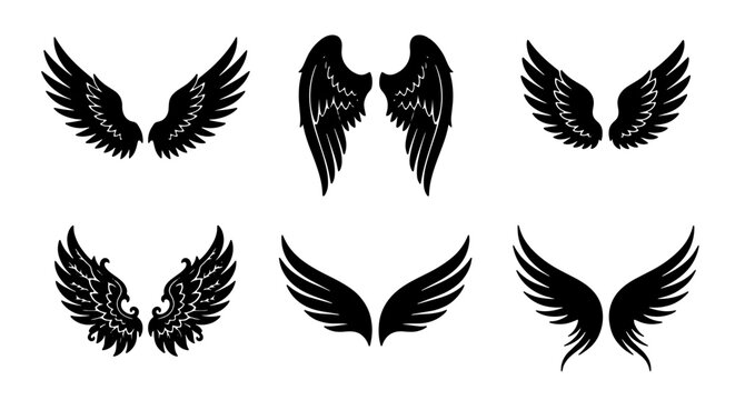 Set of Six Black Angel Wings Vector Icons, Stylized Feathered Wing Graphics for Fantasy and Spiritual Designs, Isolated Wing Emblems