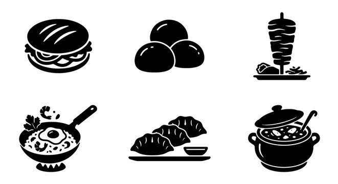 Diverse Food Icons Set: Burger, Dumplings, Shawarma, Fried Egg, Soup, and Spheres, Vector Graphics for Culinary Design